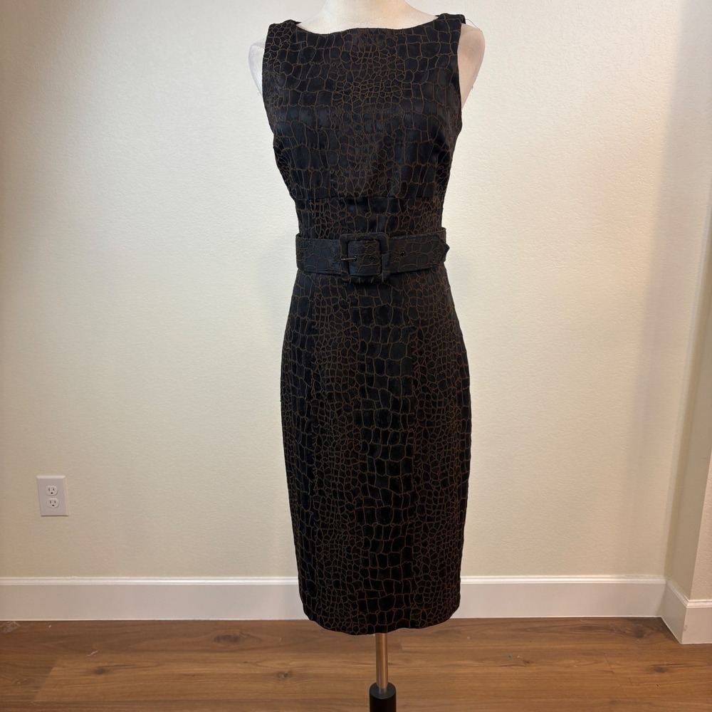 Vintage Cache Luxe Sheath Dress Women 6 Black Brown 90s Belted Croc Midi Chic - Picture 3 of 9